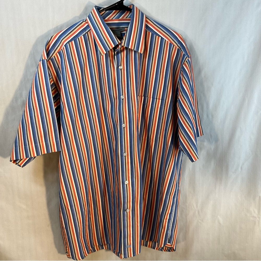 Johnston & Murphy Shirt Blue/Orange Stripped Cotton Short Sleeve Button Front L